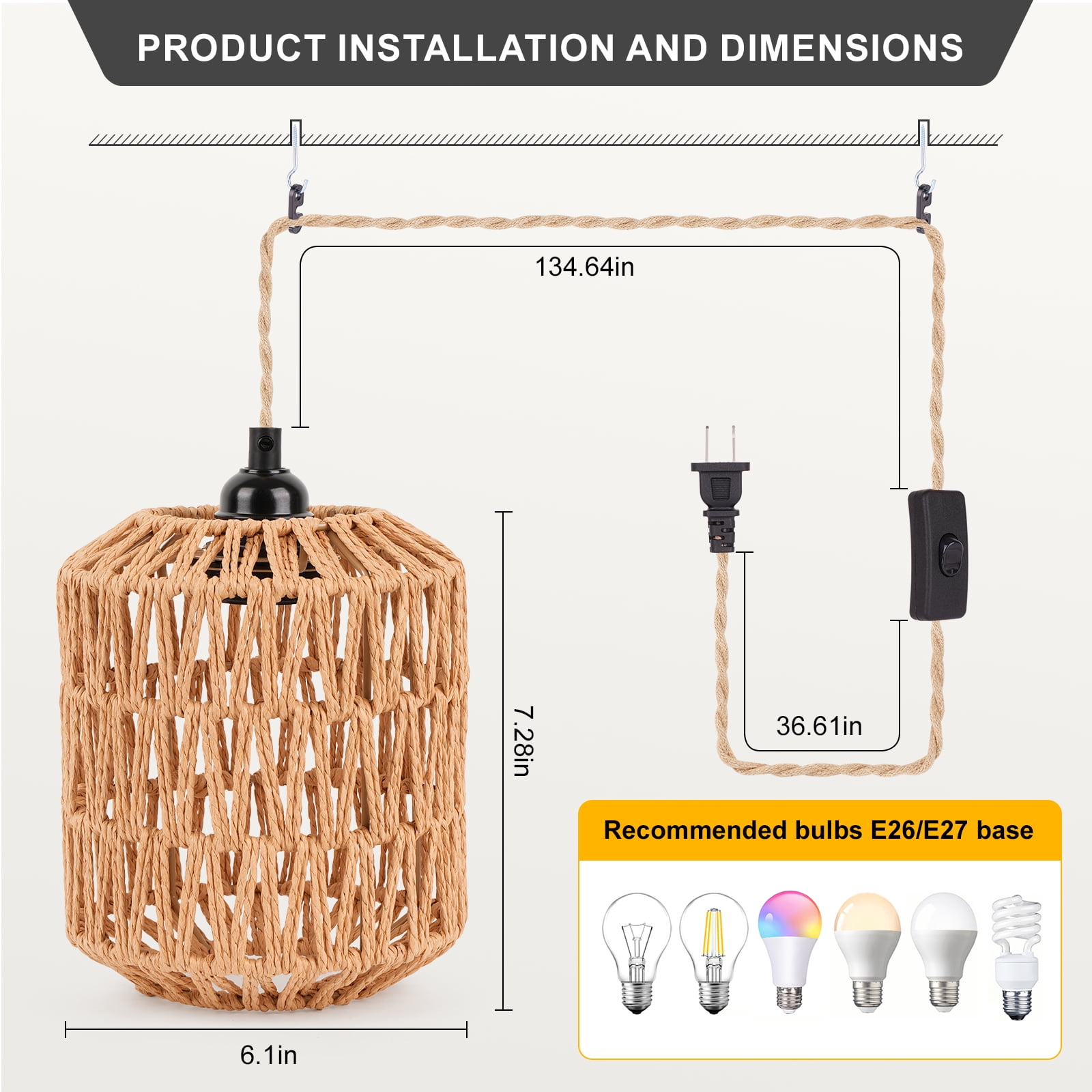 FRIDEKO 6" Bohemia Plug in Pendant Light Fixture, Woven String Hanging Light with 15ft Hemp Rope On/Off Switch, E26 Farmhouse Pendant Light for Living Room (Without Bulb)