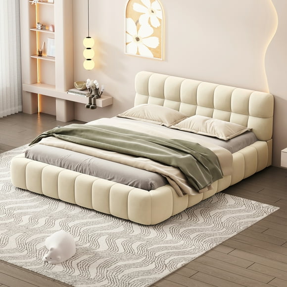 MODERNLUXE Lit Plateforme Rembourré Format Grand avec Tête de Lit Épaisse, Lit au Sol en Tissu de Lin avec Cadre en Bois Massif pour Chambre, Aucun Sommier Requis, Beige