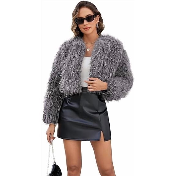 Fiophy  Womens Faux Fur Cropped Coats Long Sleeve Open Front Cardigan Top Fluffy Warm Outwear with Pocket,Gray,L