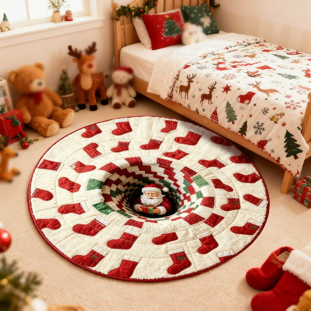 Oliegs Christmas 3D Rug – Christmas Optical I Llusion Rugs Decorative Rug With Depth Pattern Theme Santa C Laus Quilted Round Durable Fabric Gi Ft For Home Parties