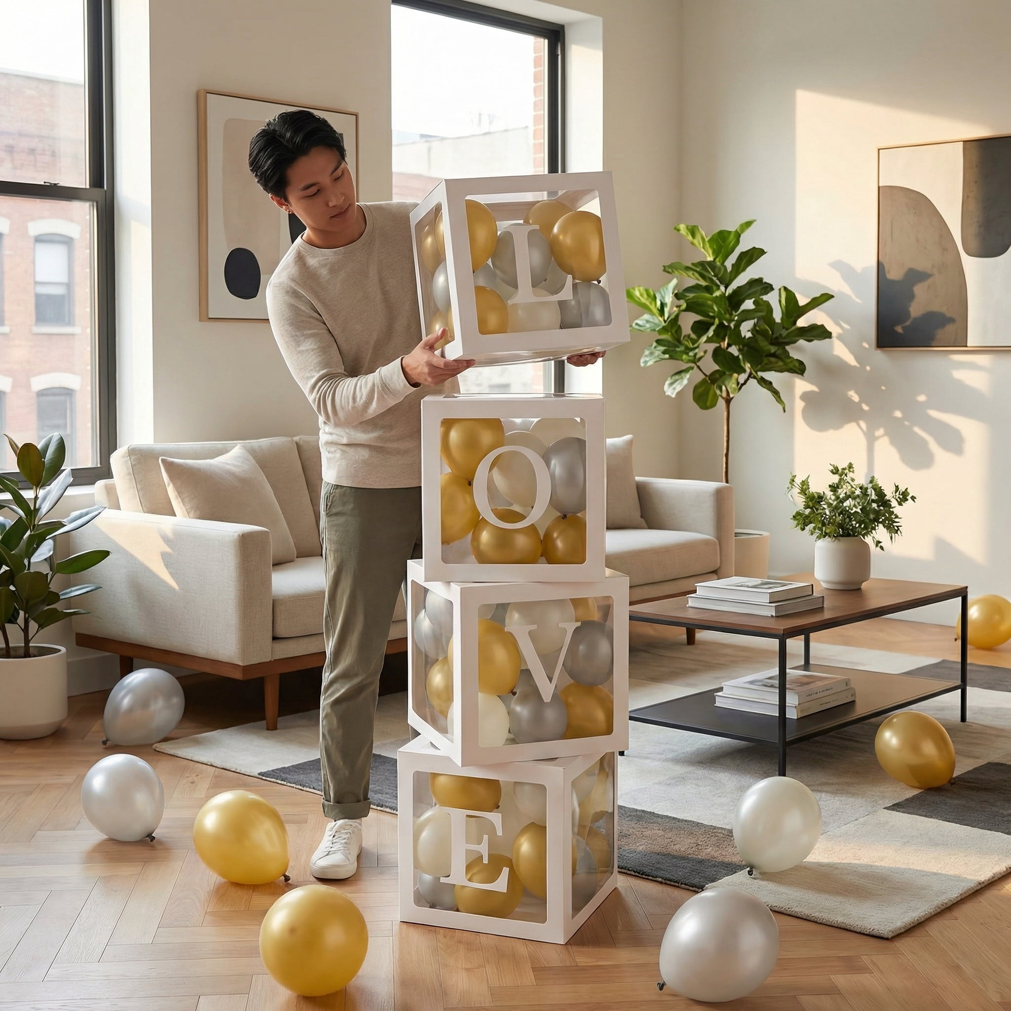 Love Balloon Boxes Set of 5 with 65 Gold & Silver Latex Balloons, 11.75in Cardstock Party Decoration Boxes, Easy Assemble for Birthday, Wedding, Engagement, Anniversary