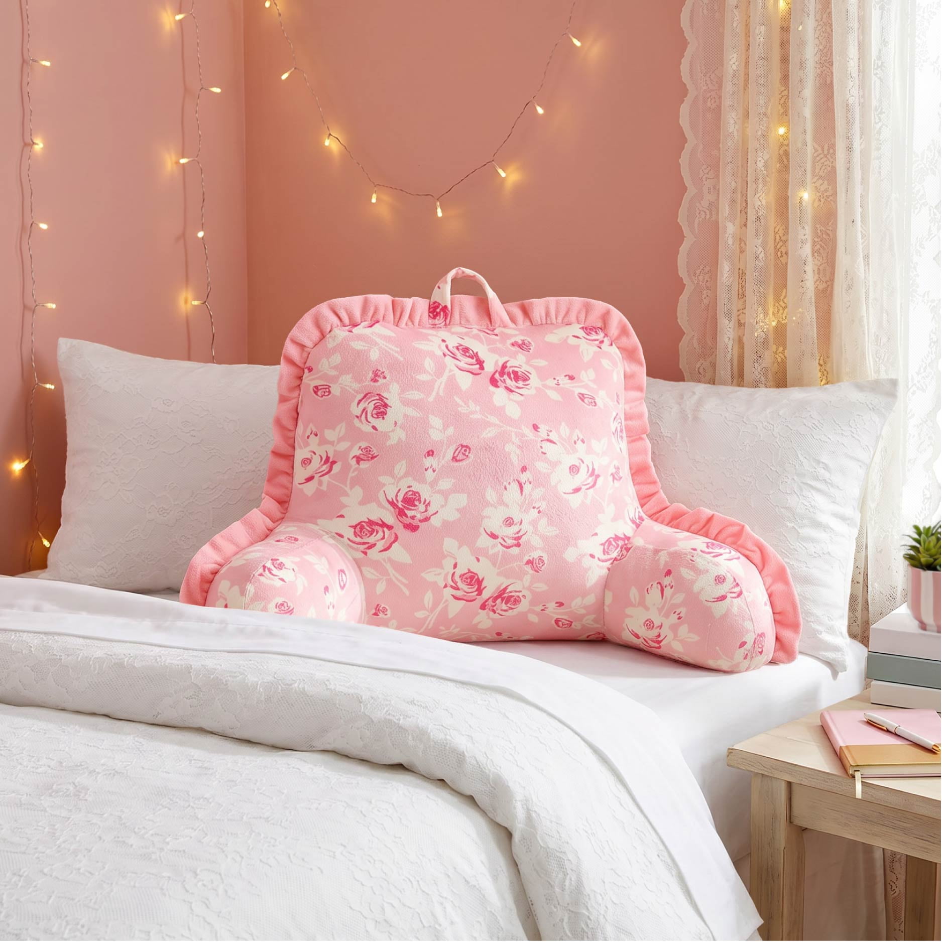 Mainstays Pink Rose Backrest Pillow with Ruffle Trim, 22" H