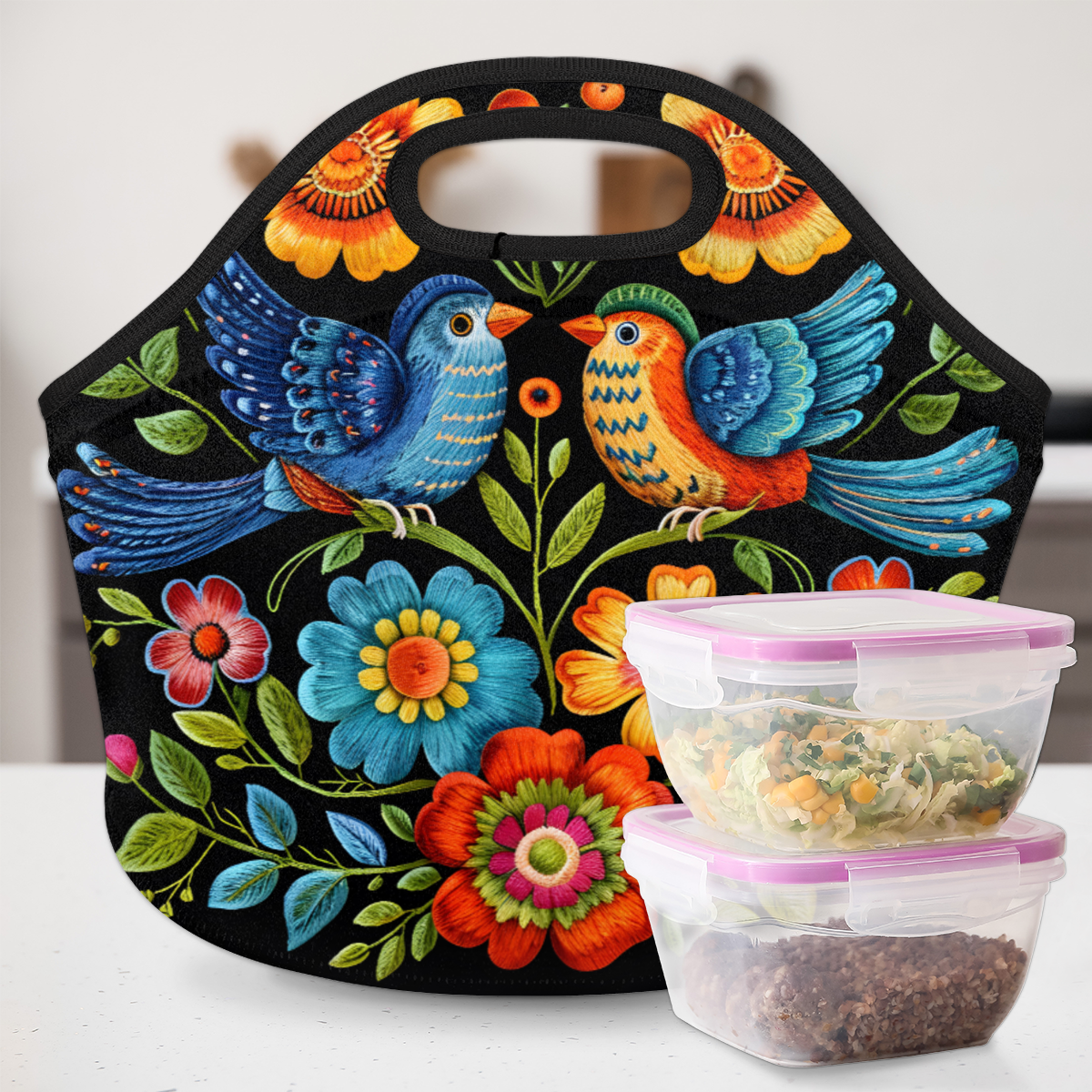 Herdesigns Floral Bird Neoprene Lunch Bag, Vintage Boho Floral Insulated Lunch Box for Women Men Washable Lunch Tote Soft Lunch Container With Zipper for Work Picnic Travel