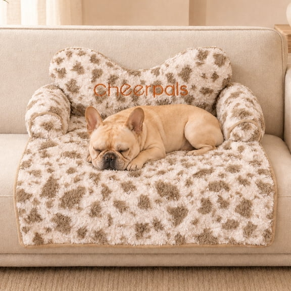 CheerPals Plush Dog Bed & Couch Cover, 31*31 Washable Pet Furniture Protector with Neck Support, Portable Calming Cat Bed with Non-Slip Bottom for Sofa, Car and Floor, M-Brown