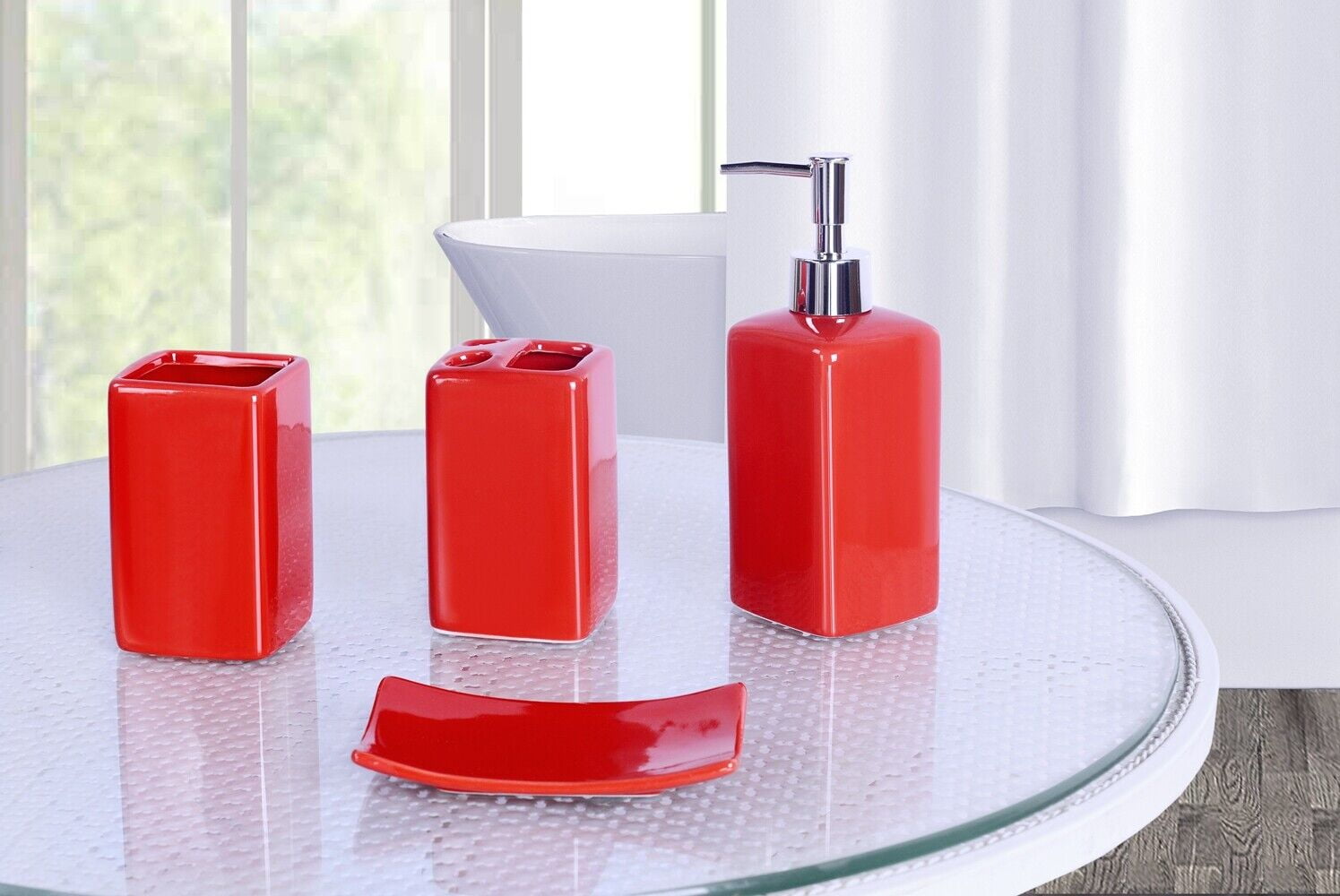 Chenille Non Slip Mat Rug for Bathroom #6 Red Color 1 Mat ,1 Contour Mat, 1 Lid Cover & 4pc Matching Ceramic Accessories
