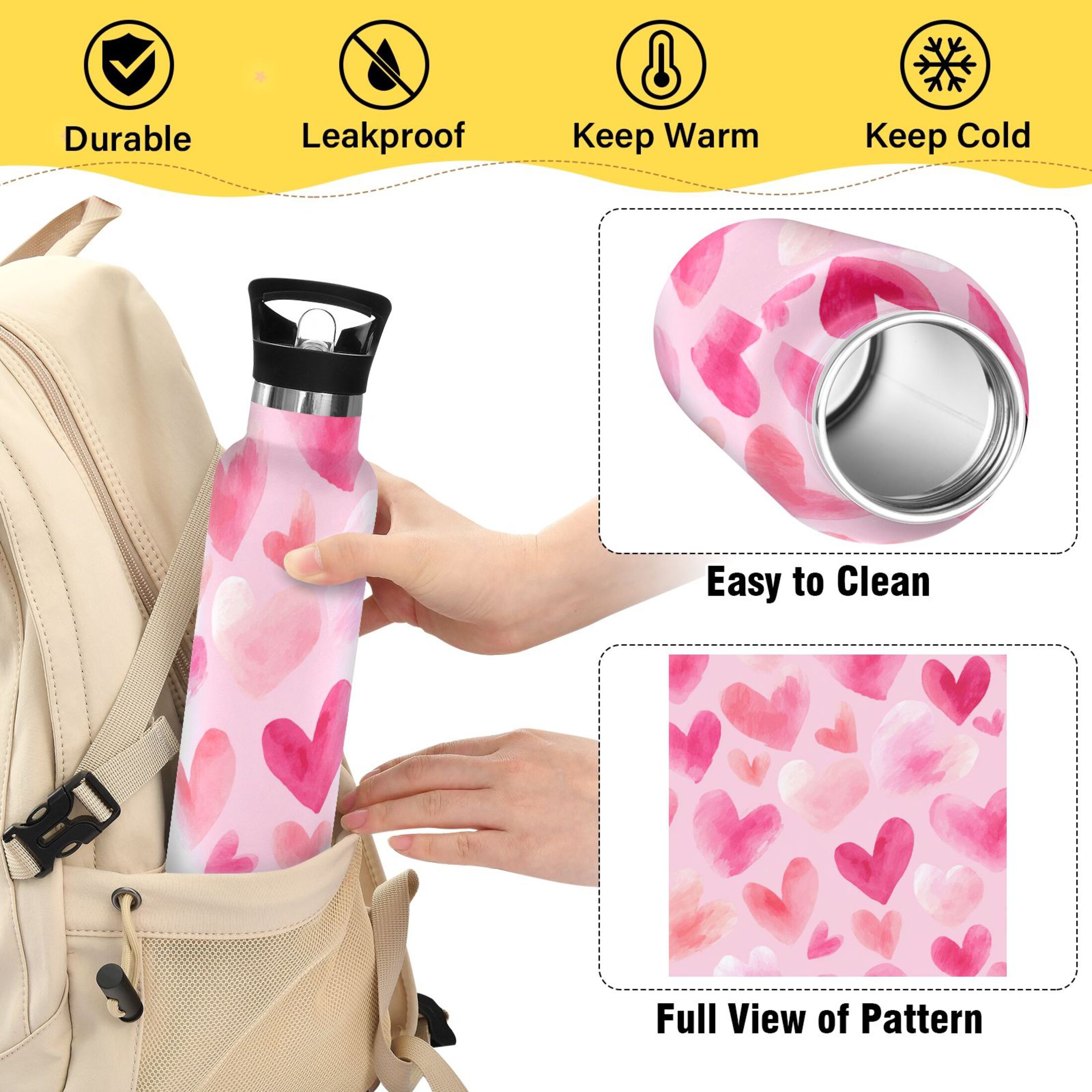 Kids Insulated Stainless Steel Sports Water Bottle 600ml (20oz) Hand-drawn Hearts