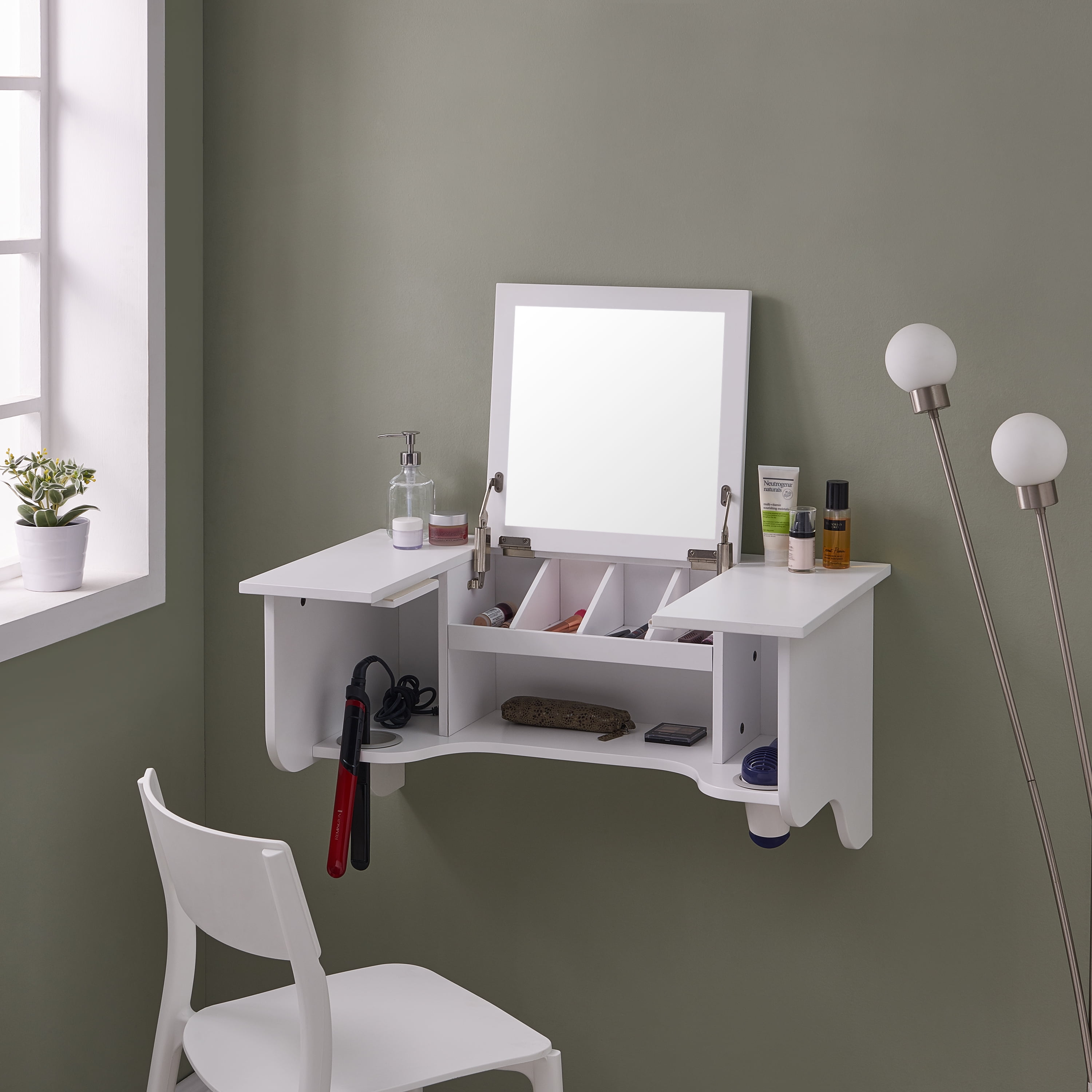 Leigha Wall Mount Ledge w/ Vanity Mirror, Transitional Style, White 