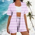 thumbnail image 2 of Frostluinai Women's Plus Size 2 Piece Outfits Striped Print Open Front Short Sleeve Kimono and Shorts Set with Pocket Travel Vacation Purple M, 2 of 7