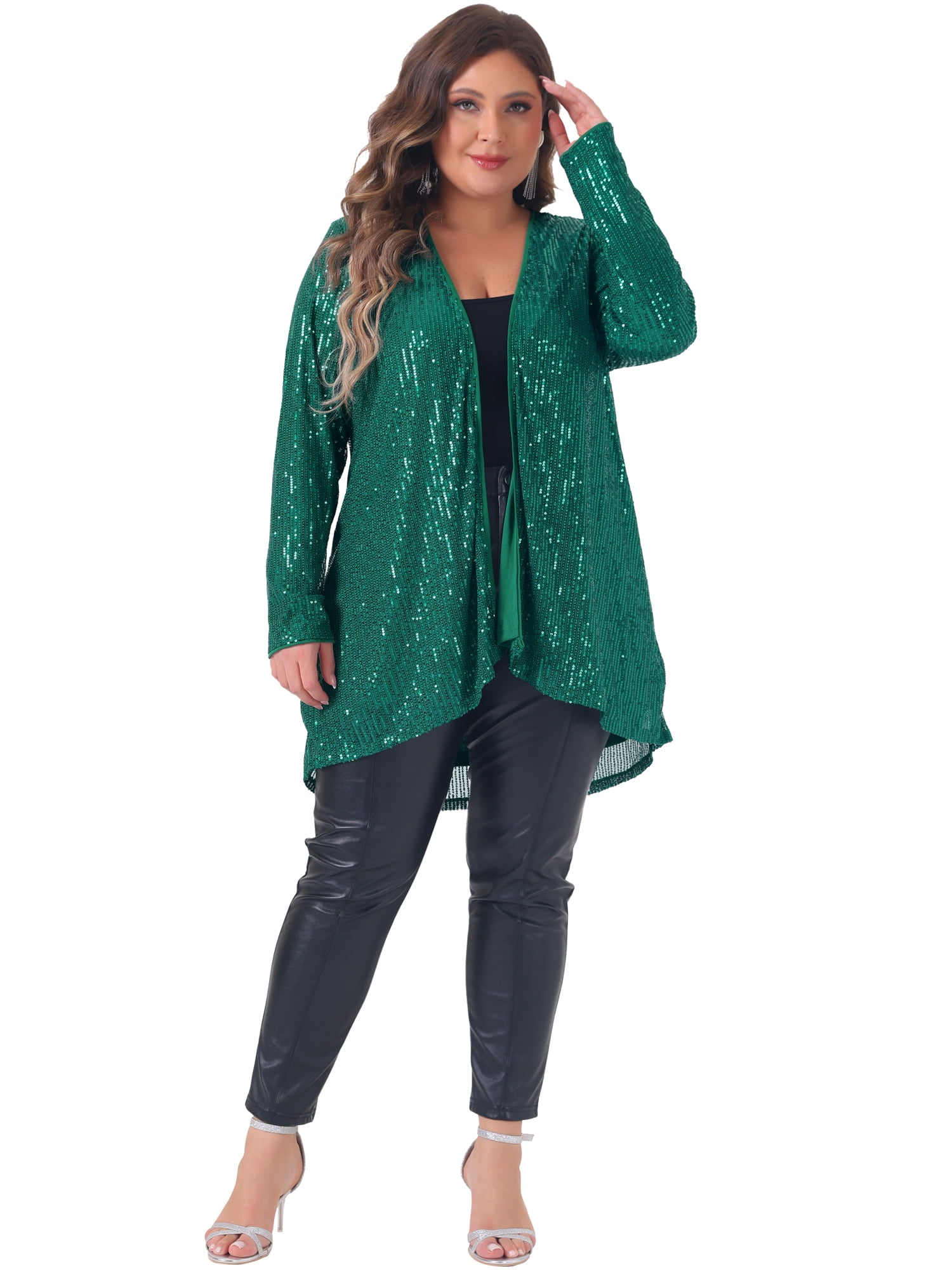 DARING DIVA Women's Plus Sequin Long Sleeve Open Front Outerwear Coat 3X Dark Green