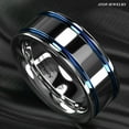 thumbnail image 7 of Tungsten Rings for Men Wedding Bands for Him Womens Wedding Bands for Her 8mm Blue Grooved Lines, 7 of 7