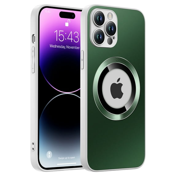 Frosted Magnetic Case for iPhone 13 Pro Max, Compatible with MagSafe Wireless Charging, Rugged Matte Logo Hollow Lens Protector Shockproof Cover for iPhone 13 Pro Max,Darkgreen