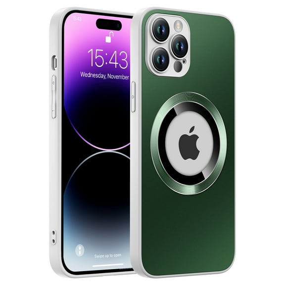 Frosted Magnetic Case for iPhone 13 Pro, Compatible with MagSafe Wireless Charging, Rugged Matte Logo Hollow Lens Protector Shockproof Cover for iPhone 13 Pro,Darkgreen