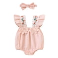thumbnail image 2 of Baby Rompers Girls Gingham Floral Embroidery Ruffle Sleeve Romper Bodysuit with Headband Summer Casual Girls Romper Size 9-12M, 2 of 9
