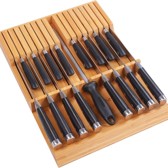 In-drawer Knife Block Bamboo Kitchen Knife Drawer Organizer Large, Handle Steak knife Holder without Knives, Fit for 16 Knives and 1 Sharpening Steel (Knives & Sharpening Not Included)