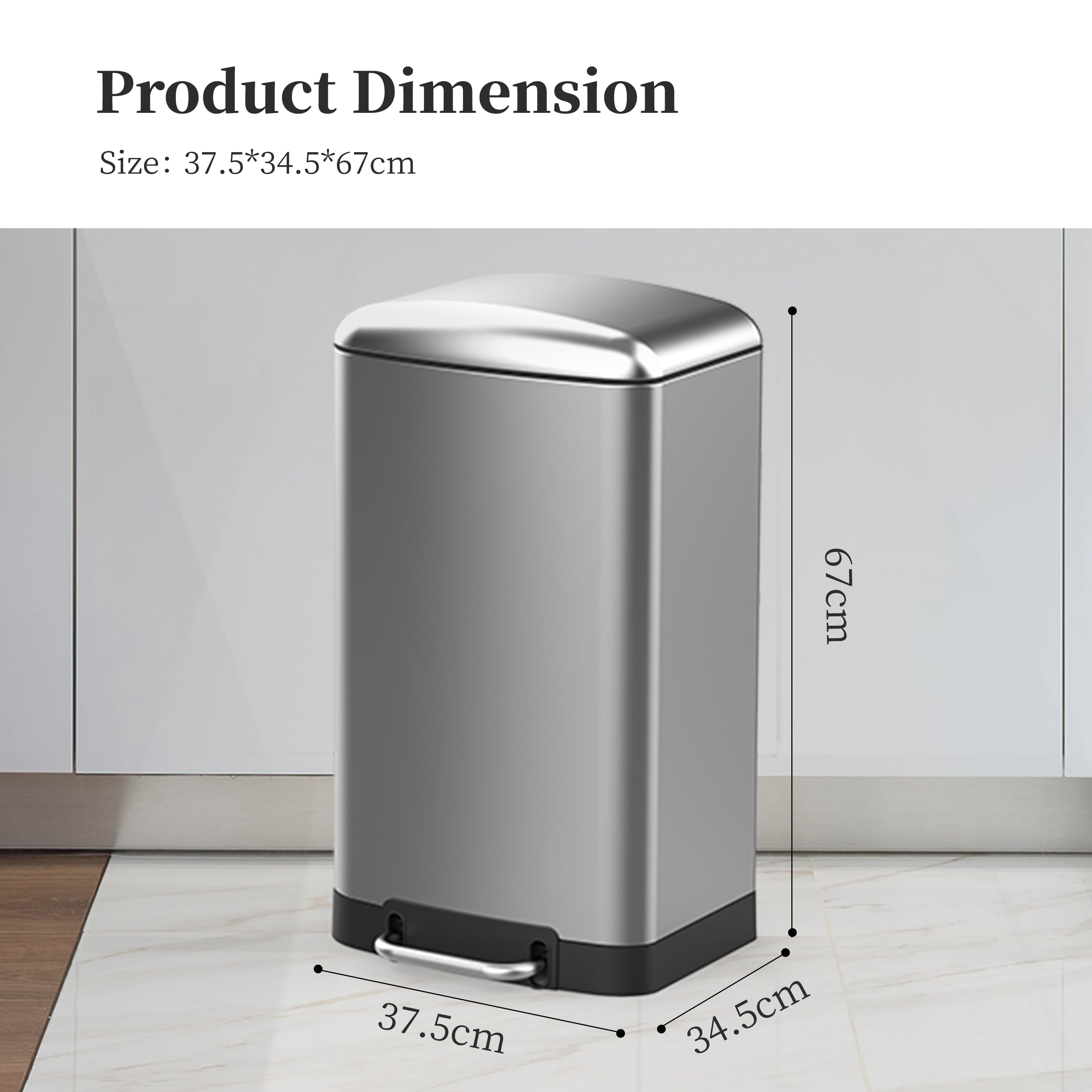 BinMax Stainless Steel Wastebasket 40L Garbage Bin Soft Close Step on Trash Can for Kitchen,Silver