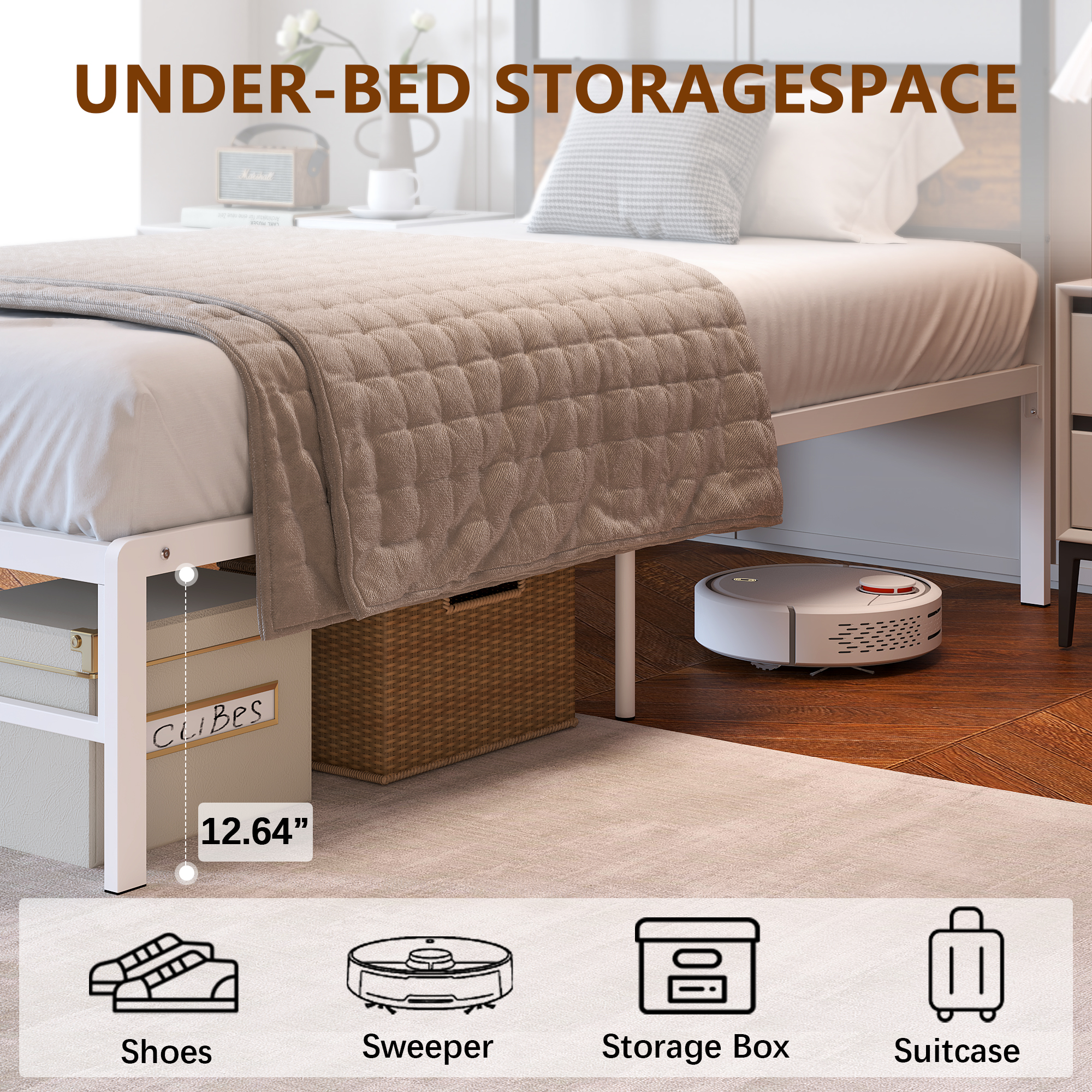 Yoneston Kids Twin Size Metal Platform Bed Frame with Storage Headboard, 12” Single Mattress Foundation for Childs Adults, White