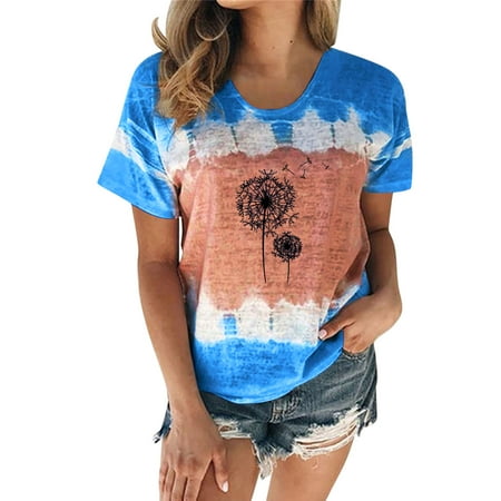 

Womens Casual Fashion Round Neck Tie Dye Flower Printing Short Sleeve T Shirt Blouse Teal Scrubs Women Set