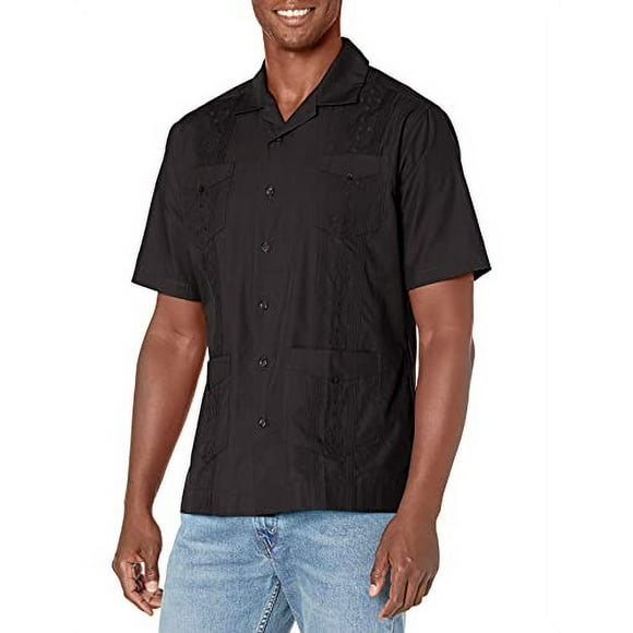 Cubavera Men's Short Sleeve Button Down Embroidered Guayabera Shirt with Camp Collar (Size Small - 5X Big & Tall), Black, 2X