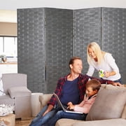 XF XINFENG 4-Panel Foldable Wooden Woven Room Divider, Home/Office, 6 ft, Gray