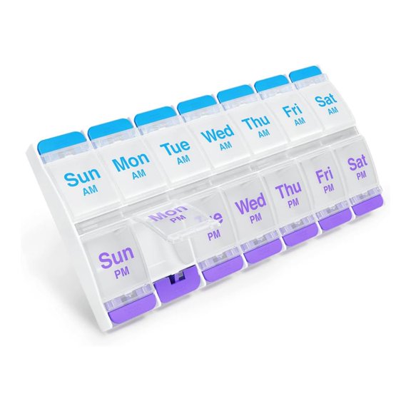 Button (7 Days) Medicine Box Medication Planner Vitamin Storage Box Twice A Day Am/Pm Container Large Compartment Arthritis Friendly Easy To Open Transparent Cover White Bpa Free