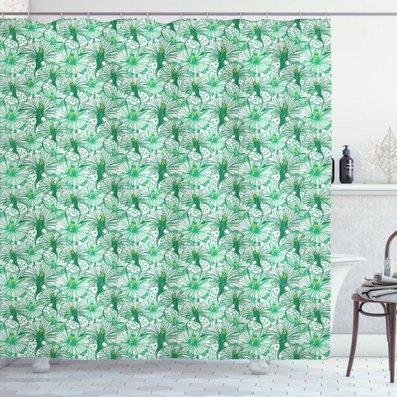 Botanical Shower Curtain, Hand-drawn Style Blooming Flowers Chamomiles Garden, Fabric Bathroom Set with Hooks, 69W X 70L Inches, Fern Green Sea Green, by Ambesonne