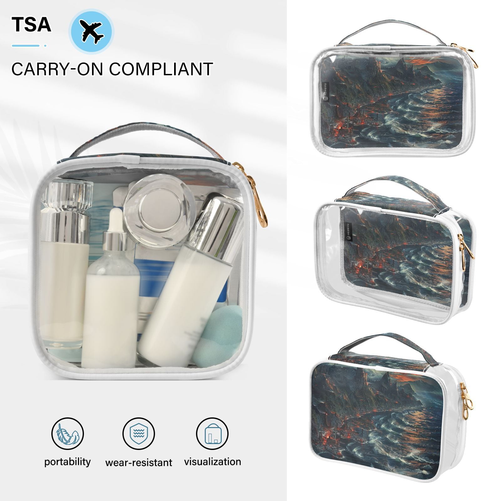 Clear Makeup Bags with Handle Large Opening 2 Pack Set Toiletry Bag Quart Size Bag, for Women Man Traveling Travel Essentials, Toiletries and Other. Waves Horror Mountain Original Design