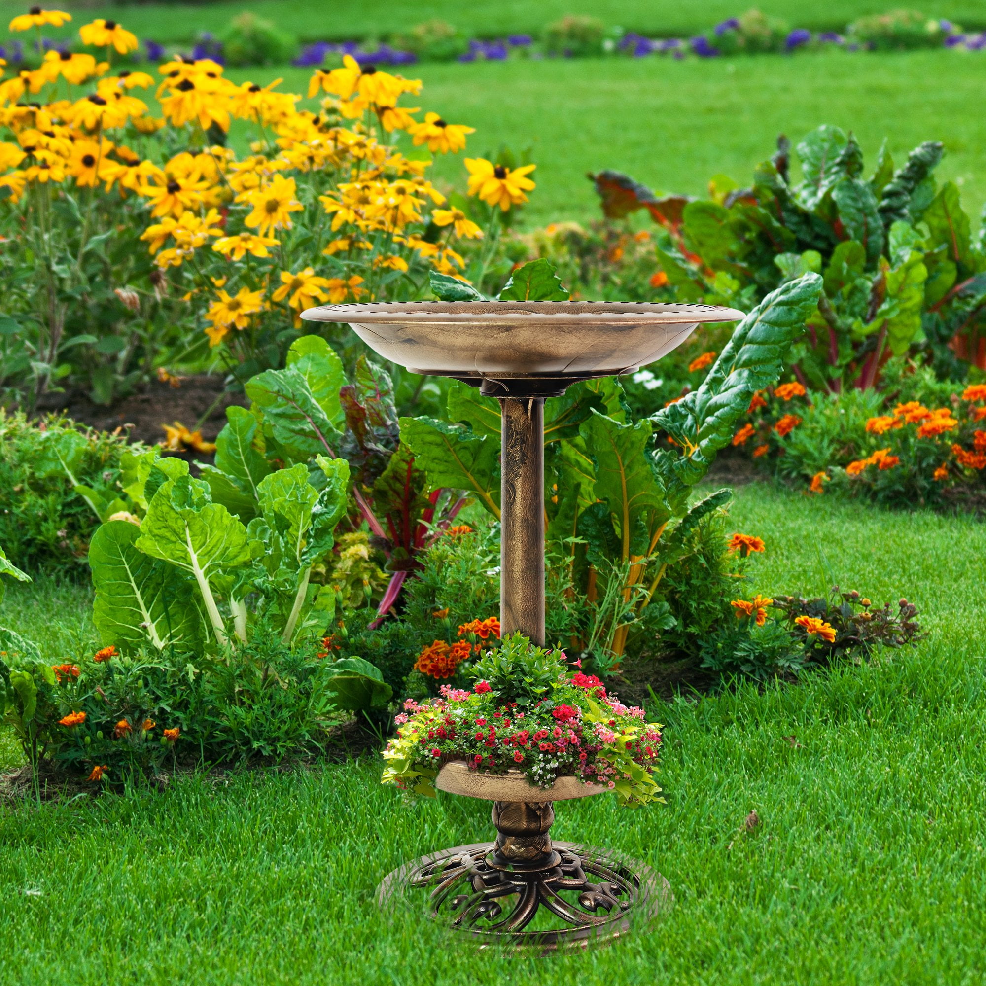 J&J Global LLC Brushed Bronze Birdbath with Planter by Sun-Ray