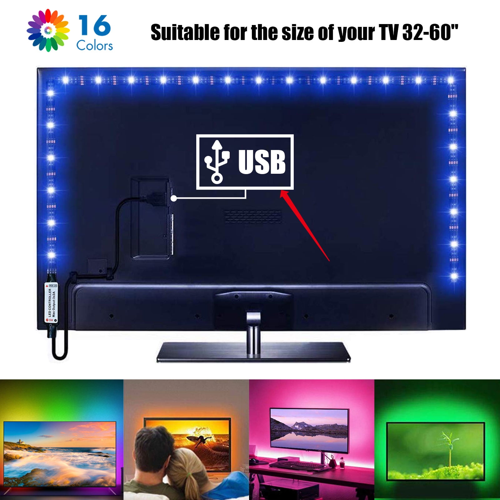 USB Powered LED TV Light Strip, EEEkit  RGB LED Mood Background  Lighting, TV Backlight 16 Colors LED Strip Lights for Smart TV HDTV PC, 4  Modes, 3 Buttons Controller, Waterproof 