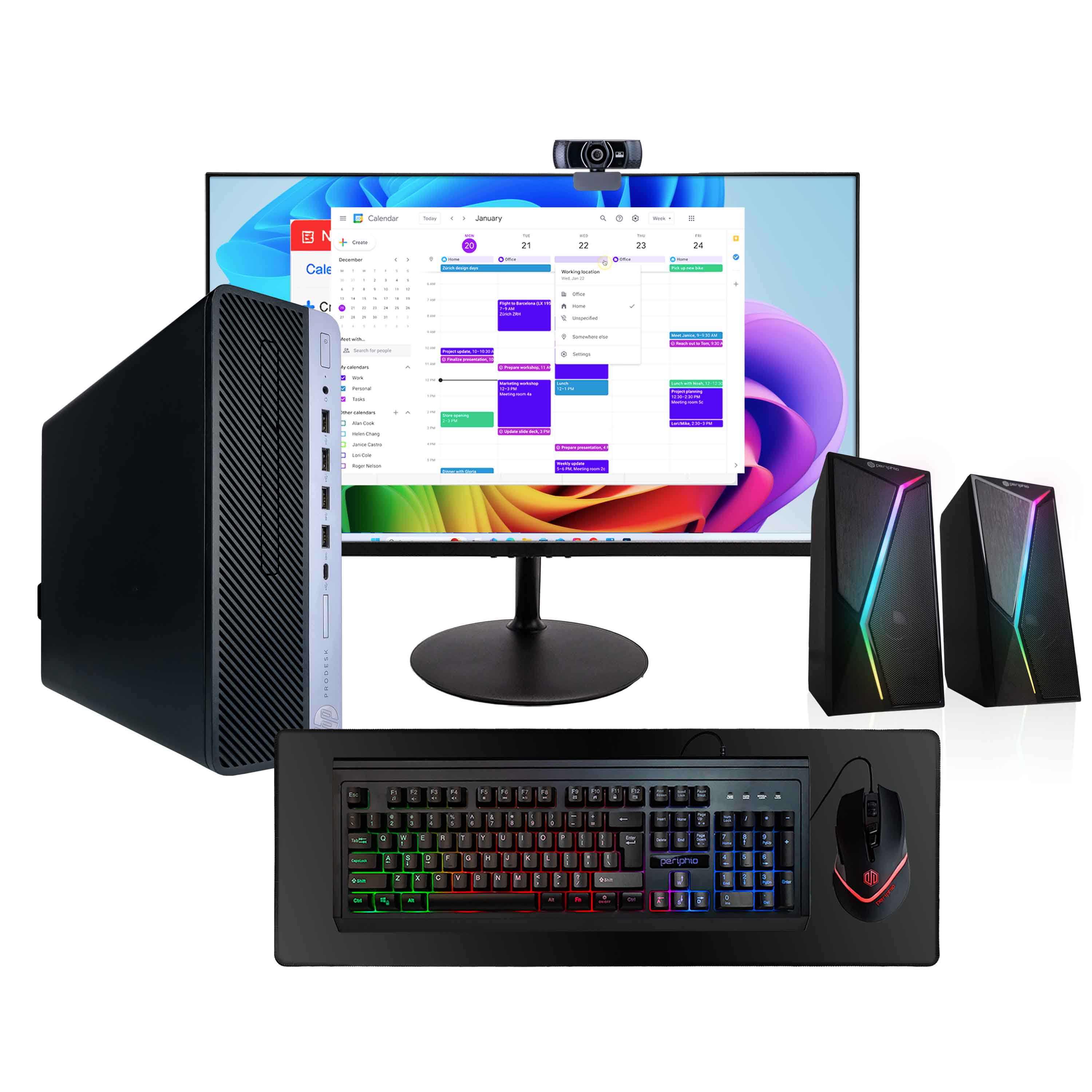 Restored HP ProDesk 600 G4 Desktop PC, Intel Core i5 3.2GHz, 16GB RAM, 1TB SSD, Win 11 Pro, WiFi, BT, Gaming KBM, RGB Speakers, 2K Webcam, 24" Monitor – Blair Tech (Refurbished)
