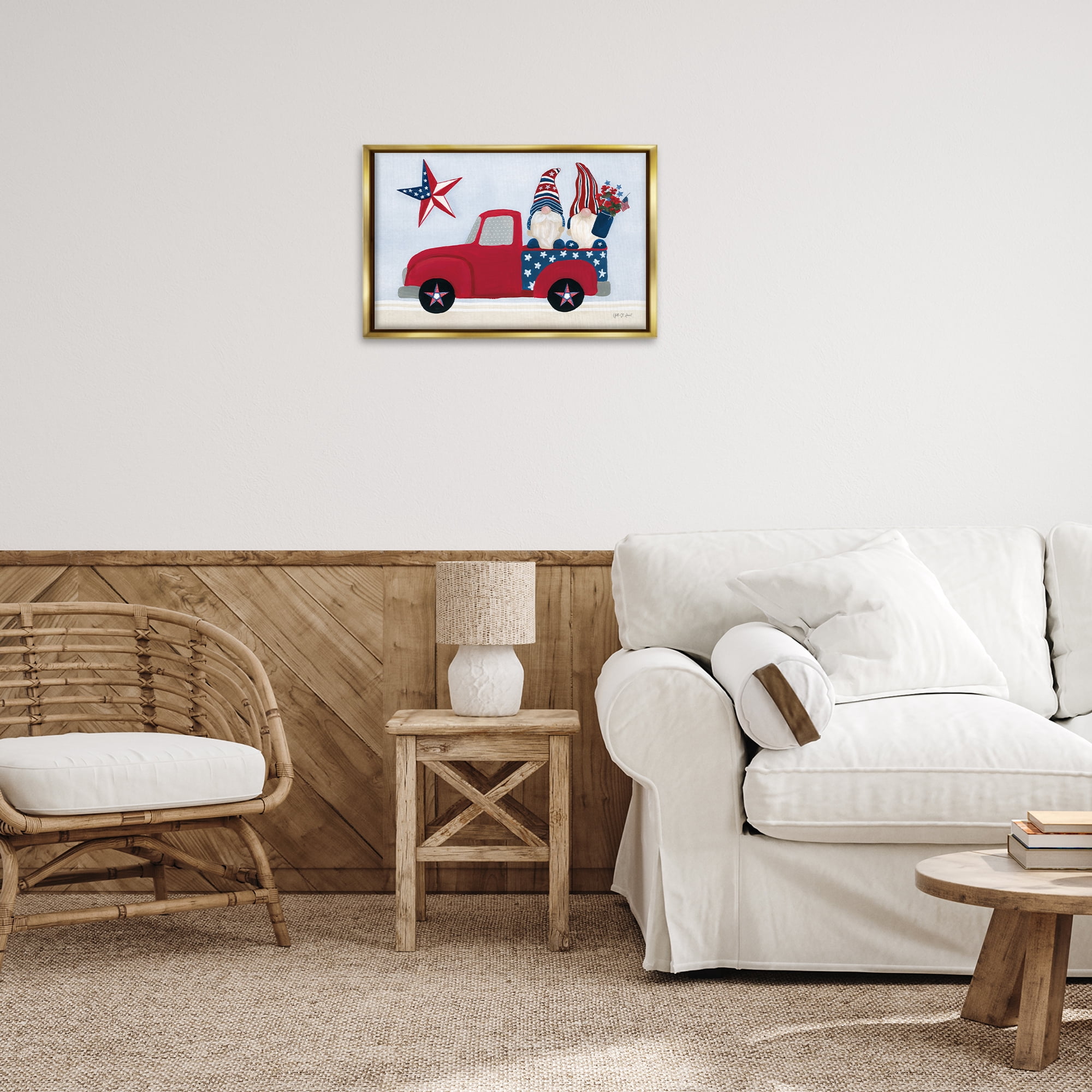 Stupell Industries Patriotic Gnomes in Truck Patriotic Painting Gold Floater Framed Canvas Art Print Wall Art, 25 x 17
