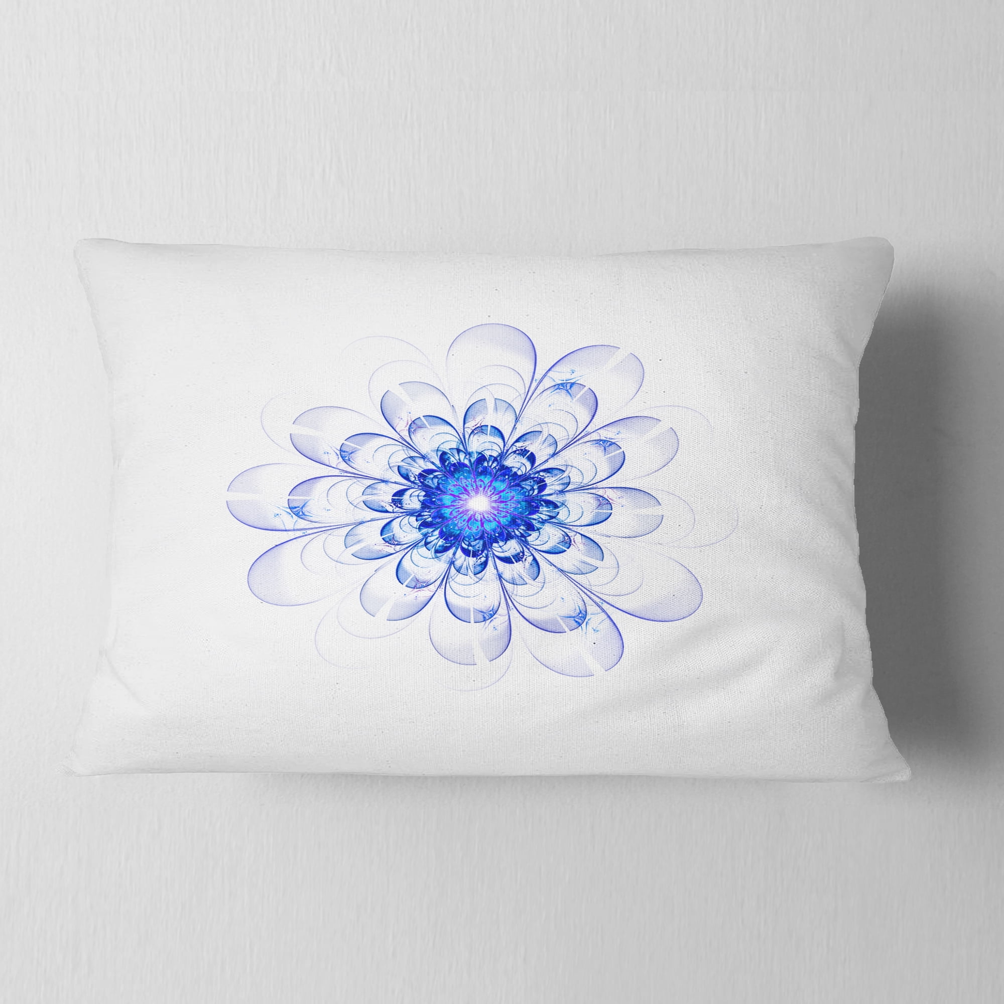 Designart Perfect Glowing Fractal Flower in Blue - Floral Throw Pillow - 12x20