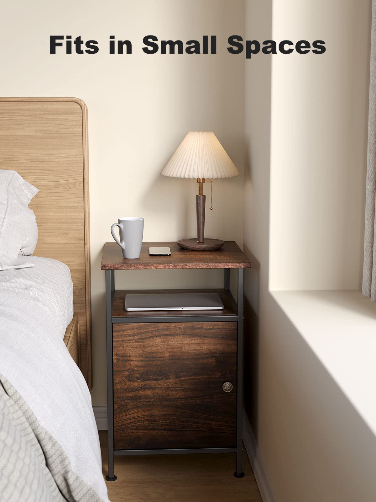 2-Tier Rustic Full Metal Frame Nightstand Table Bedside End Table with Drawer for Livingroom Bedroom
