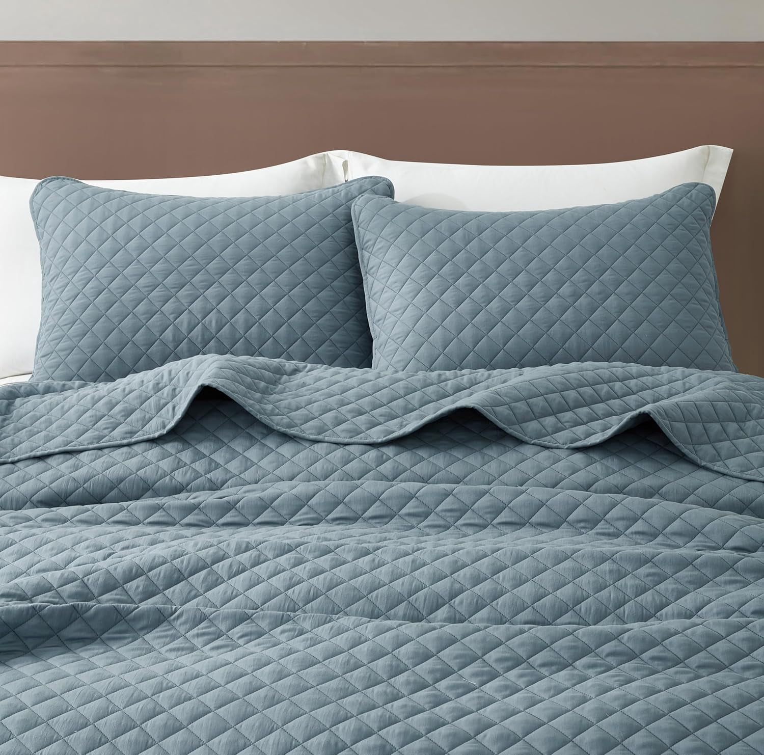 Chezmoi Collection Teo 3-Piece Dusty Blue Queen Size Quilt Set - Diamond Stitched Lightweight Microfiber Bedspread Set Bedspread Set for All Seasons