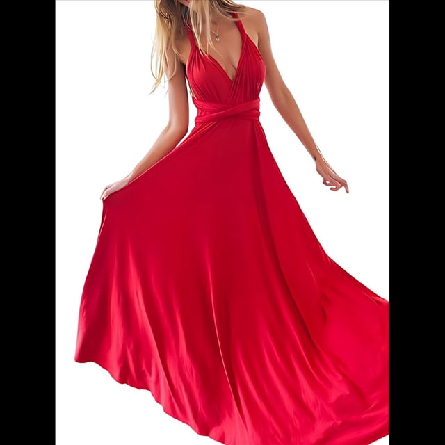 Vestido Maxi Sin Mangas, de Cintura Alta, Color Liso, con Tirantes Cruzados en la Espalda y Múltiples Usos para Mujer. Rojo XL