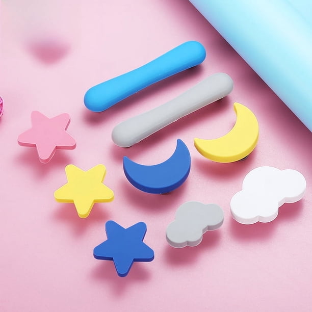 Tirador de un solo orificio con dibujos animados para puerta de armario de habitación infantil con pegamento flexible, tirador de cajón con forma de estrella, luna y nube blanca, tirador de herraje