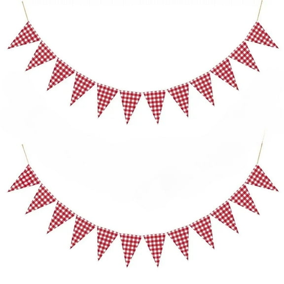 2Pcs Red White Fabric Plaid Checkered Triangle Flag Pennants Garland Christmas New Year Birthday Party Banners Graduations Flags Wedding Carnival Picnic Streamers Outdoor Party Bunting Decoration
