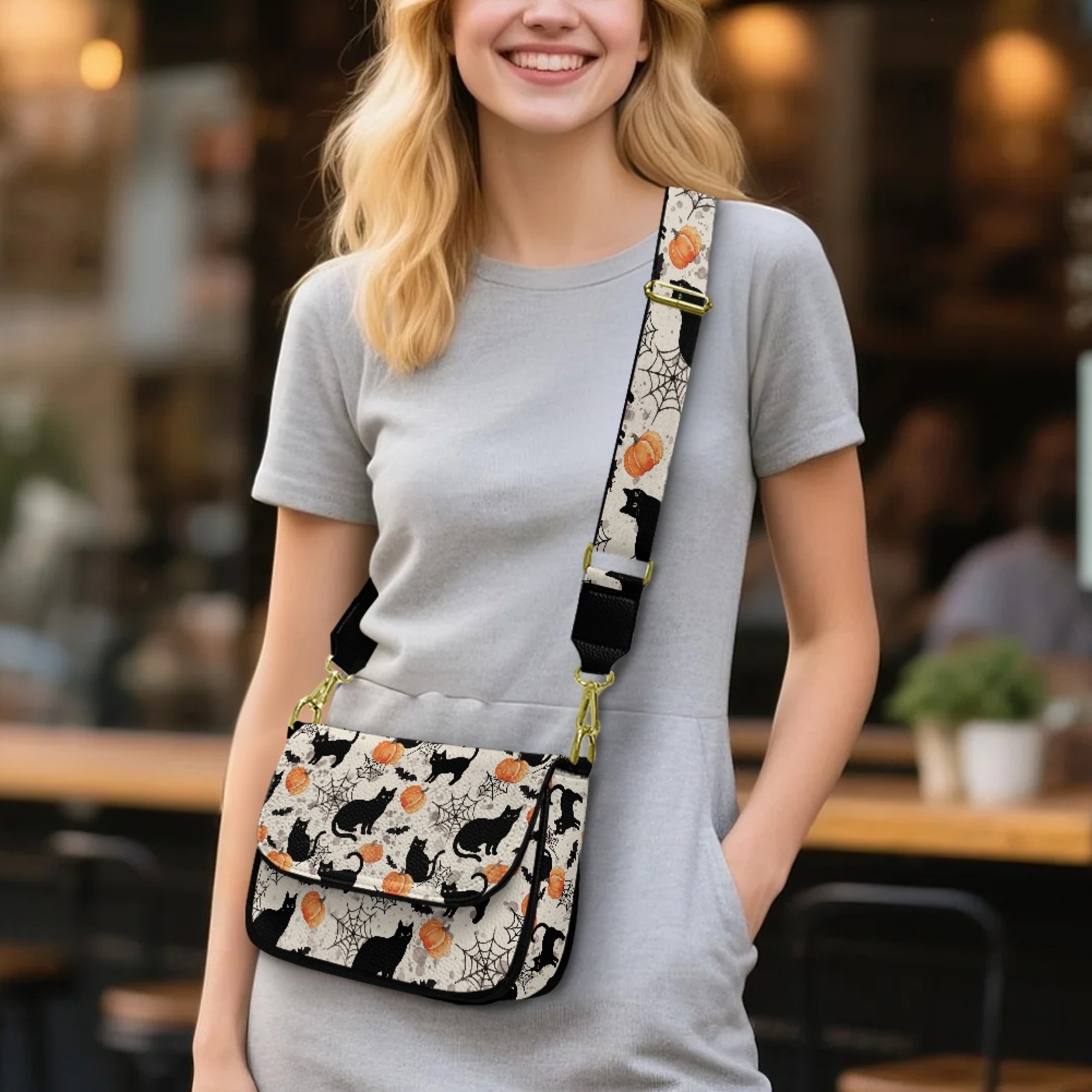 TSOVTHRID PU Leather Crossbody Bags for Women, Crossbody Purse with Adjustable Strap Zipped Pockets, Halloween Handbag Shoulder Bag, Black Cat Pumpkin Cobweb Bat Print