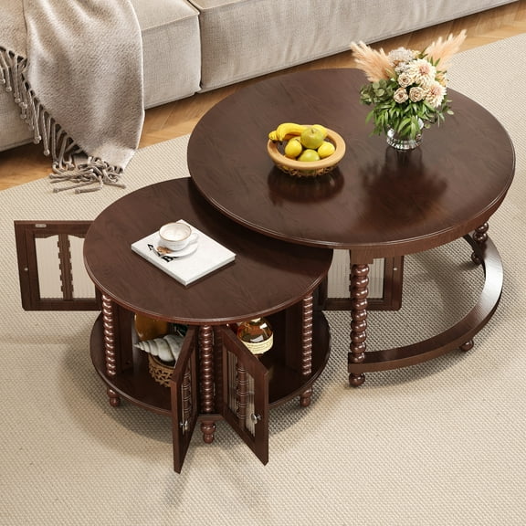 [Luckynote] Vintage Round Nesting Coffee Table, Six Bamboo-shaped Decorative Glass Doors, Retro Beaded Legs, Walnut, 31.5"