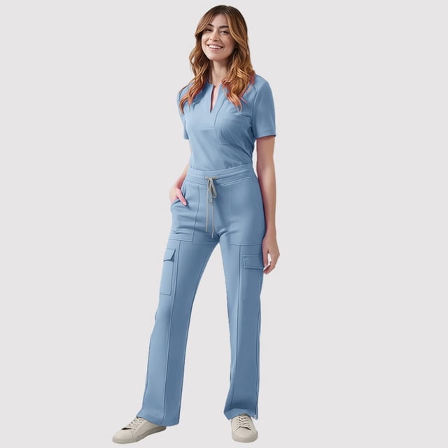 Women's V-Neck Top and Drawstring Pocket Pants Two-Piece Set for Care Workers - Comfortable Polyester Workwear in Multiple Colors
