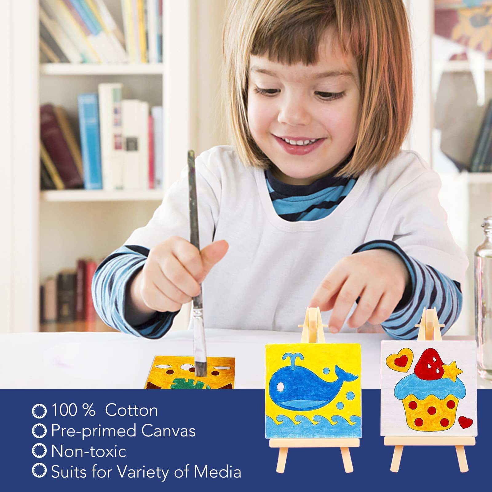 DIYMAG 20 Pack Mini Stretched Canvas with Wooden Easel, 4x4 Inch Art Primed Canvases for Kids Painting with Easel, Acrylic Pouring, Oil Paint & Wet Art Media