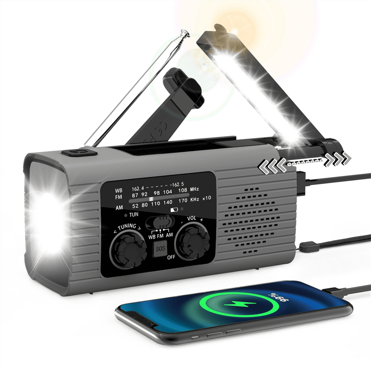 Emergency Weather Radio, 2000MAh Weather Alert Radio Solar Charging, Hand Crank & USB , AM/FM Radio Gray