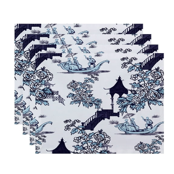 Simply Daisy, 18 x 14 Inch China Old Floral Print Placemat (set of 4), Navy Blue