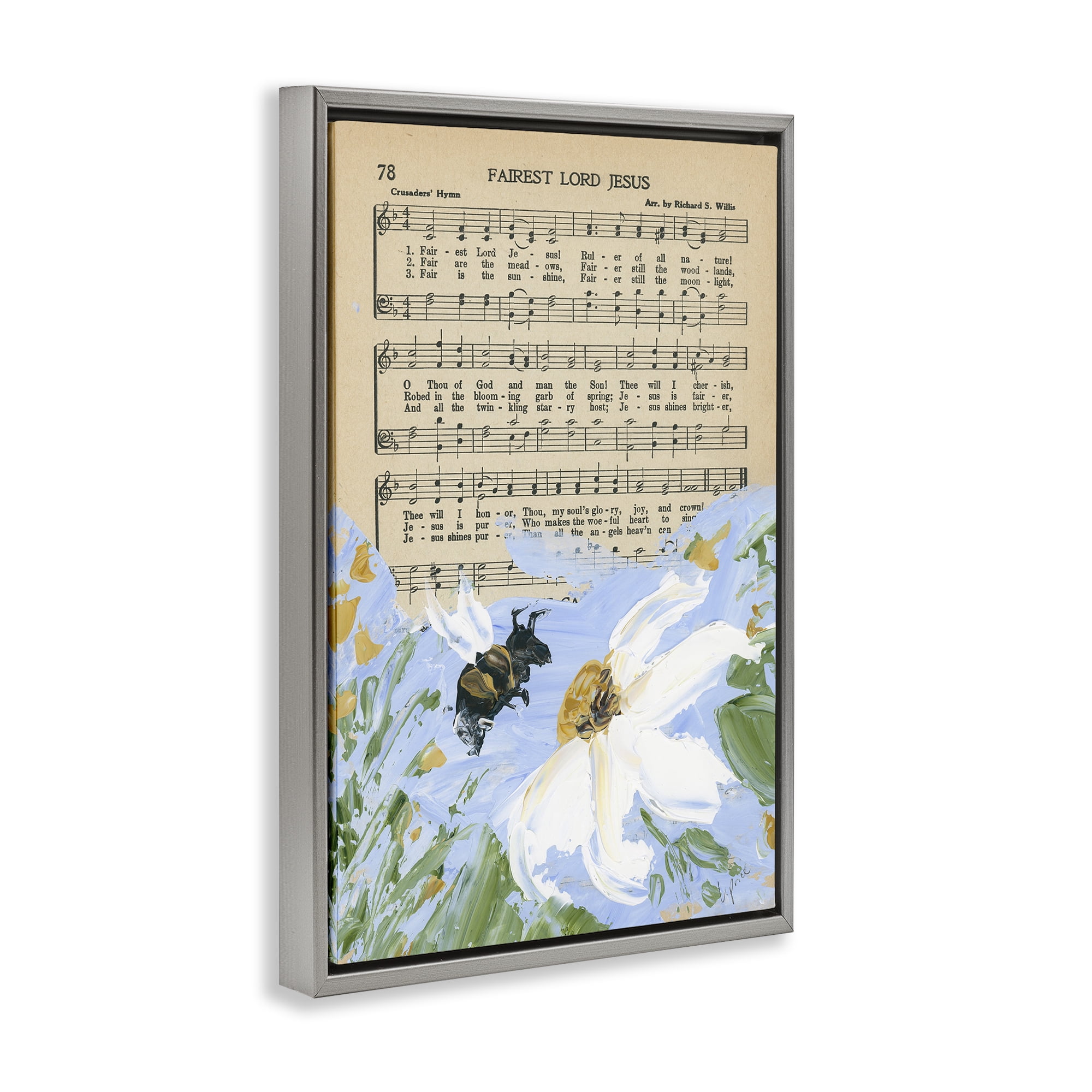 Stupell Industries Floral Music Hymn Religious Painting Gray Floater Framed Canvas Art Print Wall Art, 17 x 25