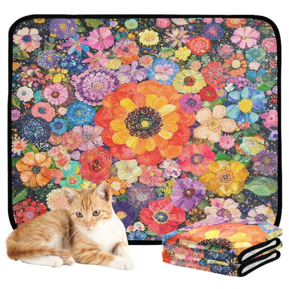 Qxltty Vibrant Floral Pattern Cat litter Pads Pet Set of 3 Diaper Mats Center Anti-leakage Layer Absorbent Soft and Comfortable