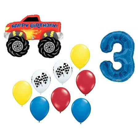 Monster Truck 3rd Happy Birthday Party Supplies 10 Piece Balloon Bouquet Decorations Set