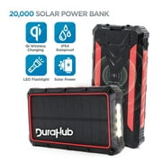DuraHub - Solar Power USB Battery Bank with QI Wireless, True 20000mAh Ultra Capacity – Super Rugged, Portable, Waterproof - 4 Charge Ports + LED Light – Great for Camping/Hiking/Traveling/Outdoor