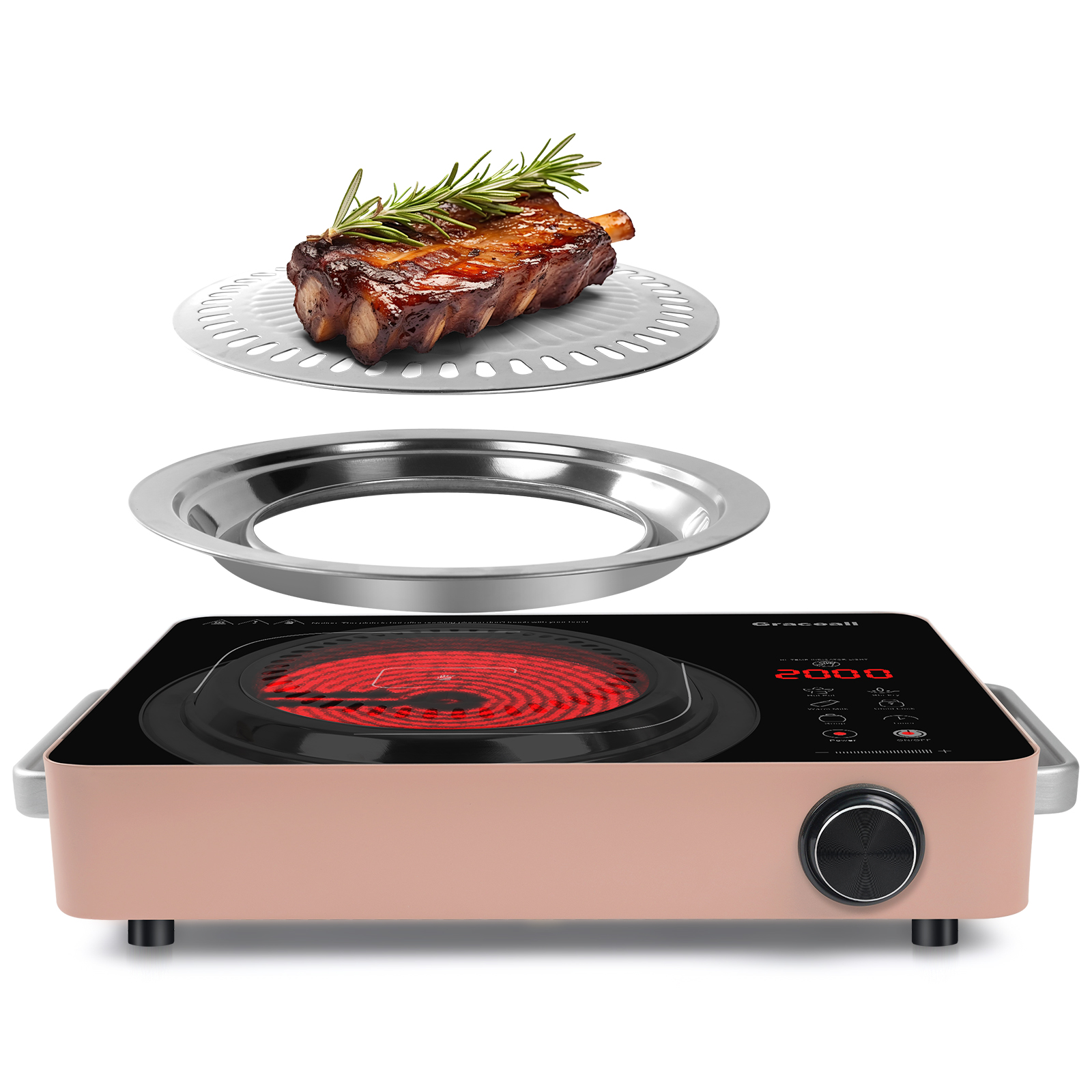 GRACEALL 2000W Single Burner Cooktop Portable Electric Stove, Infrared Hot Plate for Cooking, 120V Kitchen Cooker, Knob Control Glass Cook Top with BBQ Grill