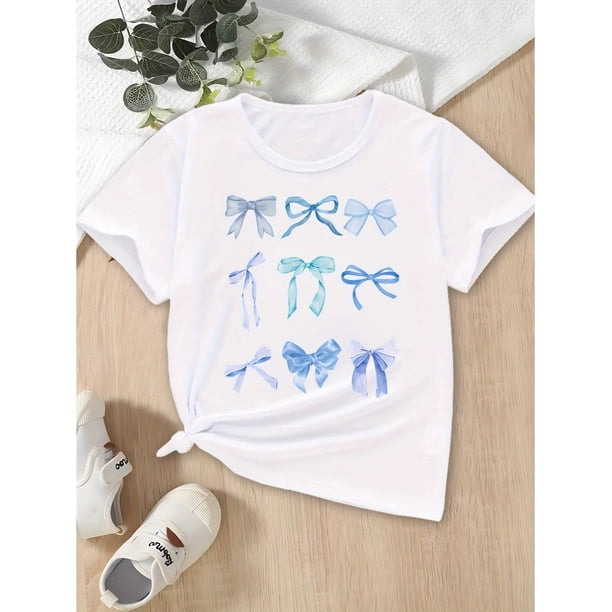 Girls' Breathable Stretch T-Shirt with Blue Bow Print - Casual Round Neck Summer Top, Machine Washable