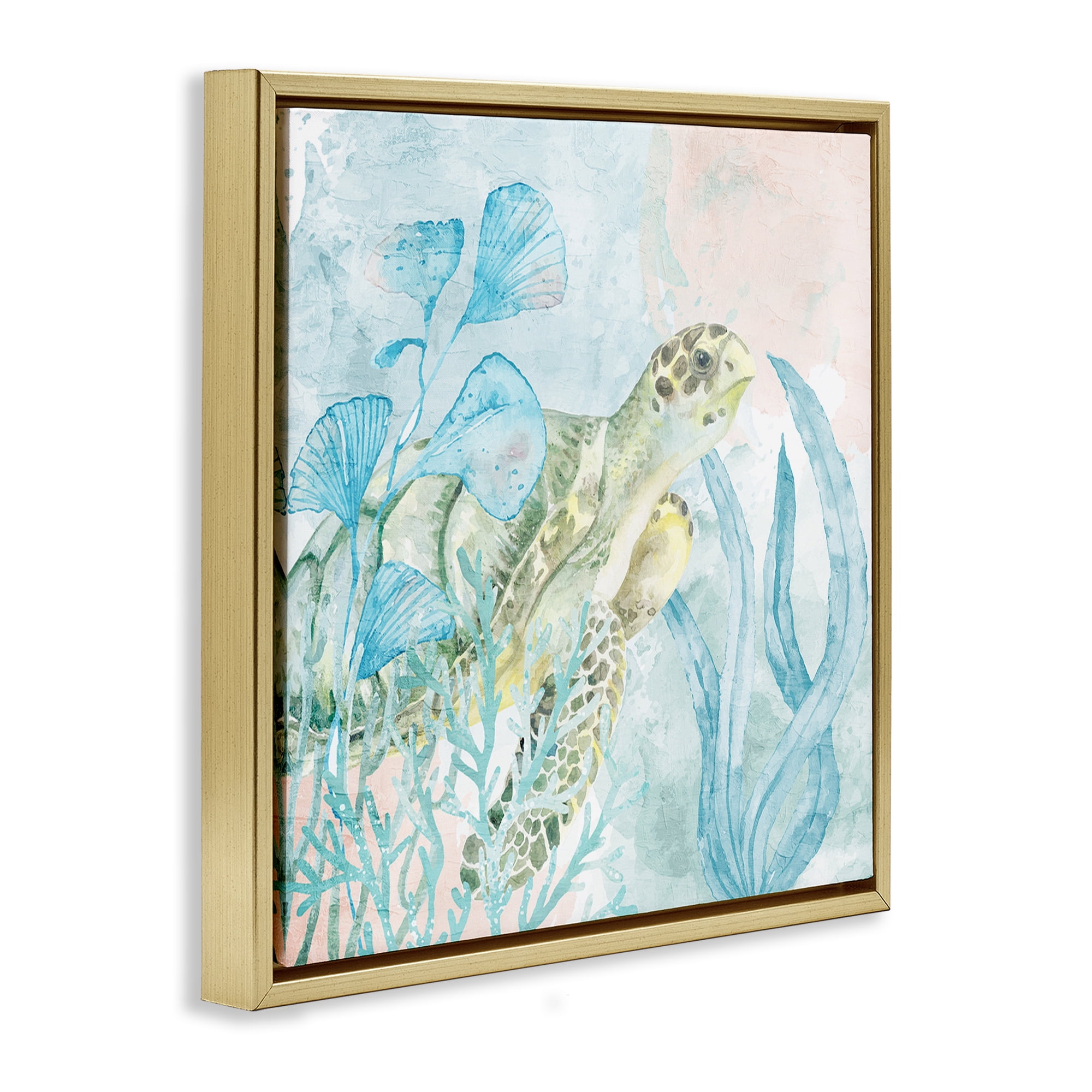 Stupell Industries Sea Swim Turtle Gold Framed Floater Canvas Wall Art, design by Kim Allen