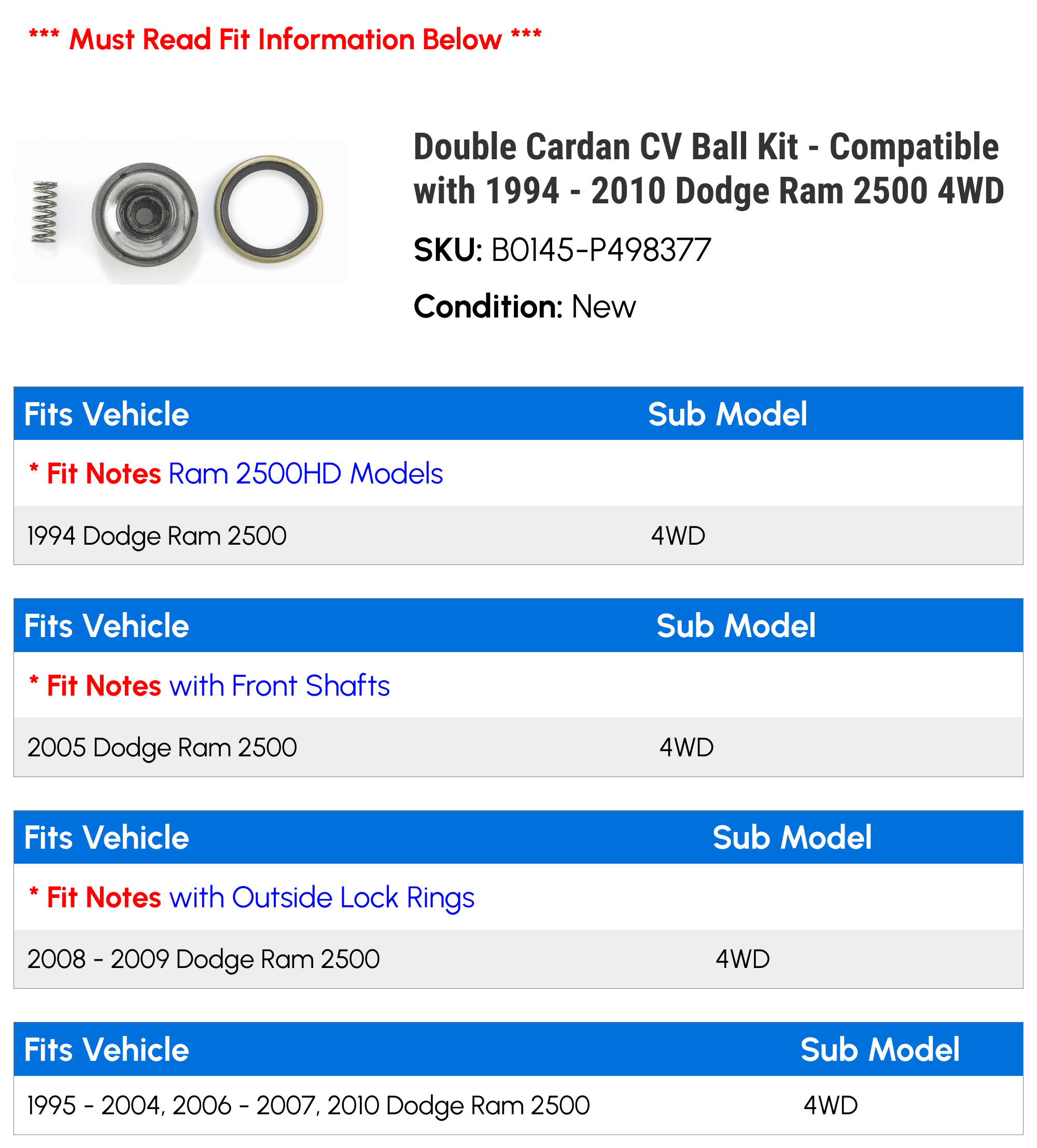 Double Cardan CV Ball Kit - Compatible with 1994 - 2010 Dodge Ram 2500 4WD  1995 1996 1997 1998 1999 2000 2001 2002 2003 2004 2005 2006 2007 2008 2009  - Walmart.com